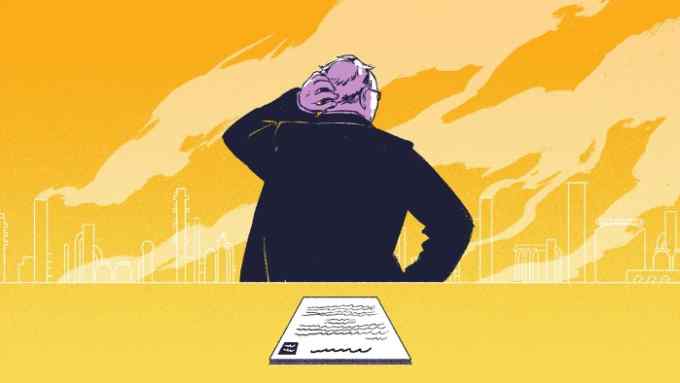 An illustration of rear view of Warren Buffett looking at a polluting power station