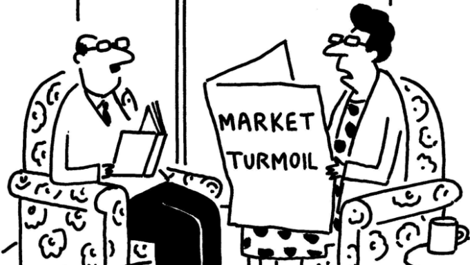 Banx cartoon of a man holding a book and a woman holding a newspaper with ‘Market turmoil’ written on it