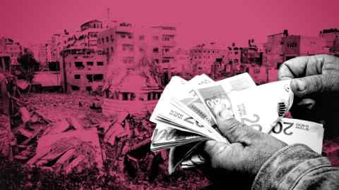A montage of Israeli shekels and Gaza rubble