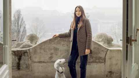 Sandra Sandor and her dog out in the city