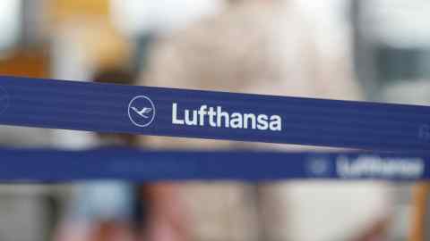 Logo of Lufthansa is seen on a cordon