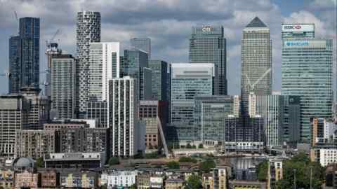 Skyline of the Canary Wharf business district in London