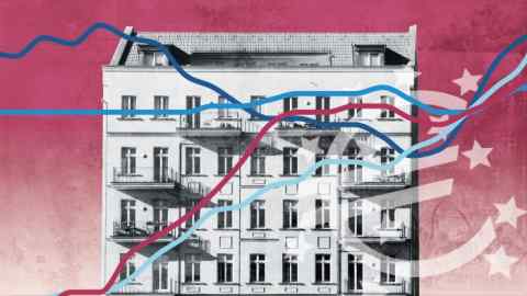 A montage of a photo of a residential building, a line graph and a euro symbol