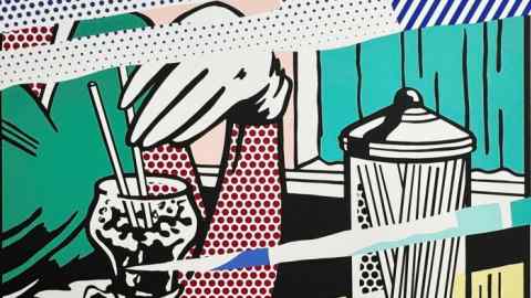 In a pop-art painting coloured in red, black and blue dots and lines, a woman’s hand wearing a white glove is shown playing with two straws floating in a drink glass on the left side of the image. On the right, we see a pot full of straws.