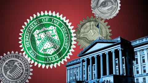 Montage of the Federal Reserve logo and the US Treasury logo and building