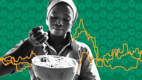 Montage image of a woman with a bowl of rice, overlayed with arrows pointing up and chart lines