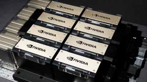 A Nvidia HGX H100 server arranged at the company’s headquarters in Santa Clara