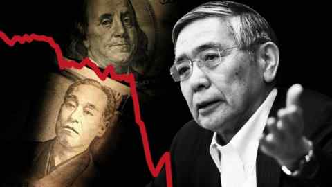 Montage of images of a yen note and a dollar bill and Haruhiko Kuroda with a red graph line showing the decline in the yen