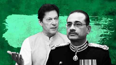 Photos of Imran Khan and Asim Munir against a green background