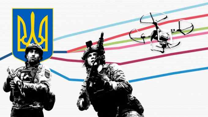 Montage of soldiers, drones, Ukraine’s coat of arms and chart
