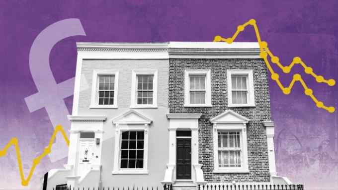 A composite of two London townhouses on a purple gradient background