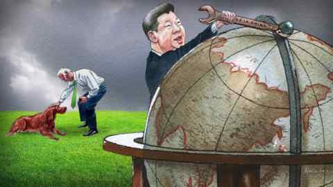 Illustration of  Xi Jinping unscrewing the frame of the globe, while Joe Biden is patting a dog on grass in the background.