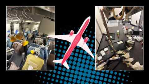 Montage showing two photos of the damaged Singapore Airlines cabin following turbulence and a plane in the centre