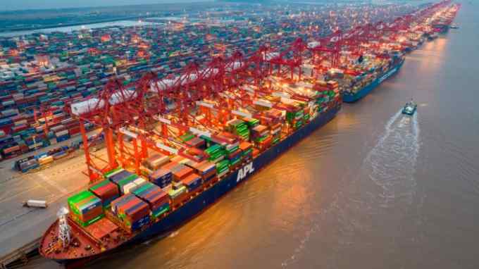Aerial photo of large container ships in Yangshan Port, Shanghai, China