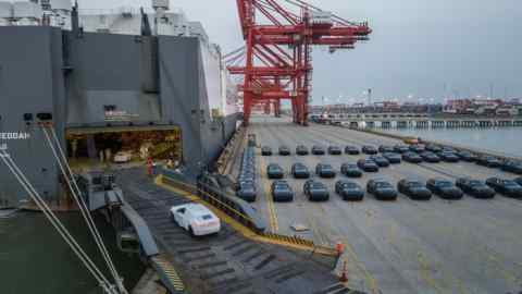 Geely electric vehicles bound for shipment to Europe at the Port of Taicang in Taicang, Jiangsu Province, China