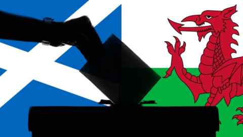 A montage of the Wales and Scotland flags