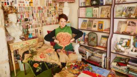 Lulu Guinness at home in Stroud with her surrealist coral tree embroidery