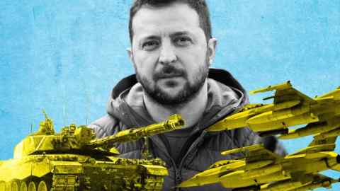 Volodymyr Zelenskyy montage with tanks and fighter jets