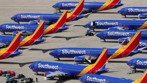A number of grounded Southwest Airlines Boeing 737 MAX 8 aircraft are shown parked at Victorville Airport in California