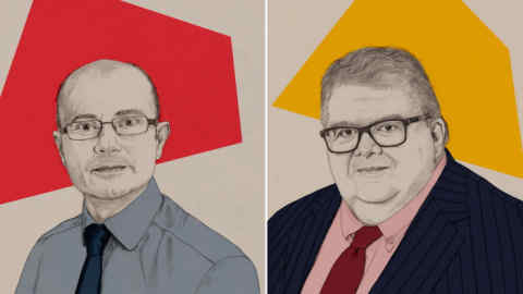 Leonie Woods illustration of Chris Giles and Agustín Carstens portraits