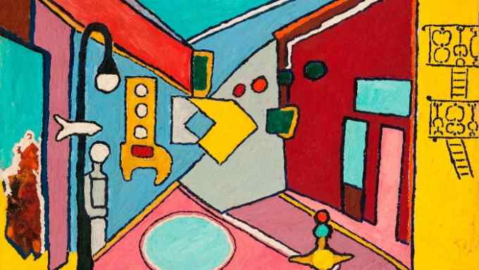 A bright oil painting of a street scene whith pink and blue triangles and red diamonds and yellow traffic lights