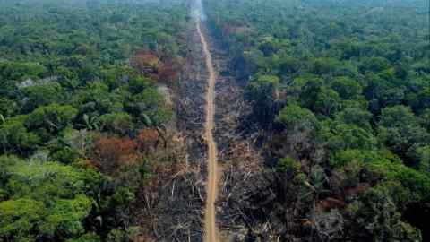 An aerial view of a deforested portion of the Amazon rainforest