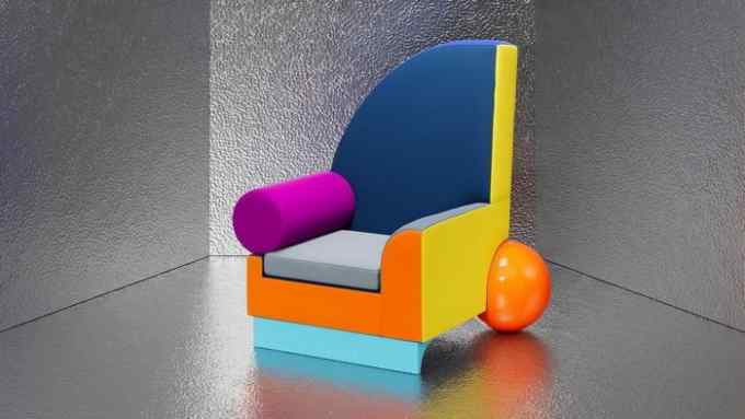 A geometrical armchair composed of colourful segments sits in a silver room