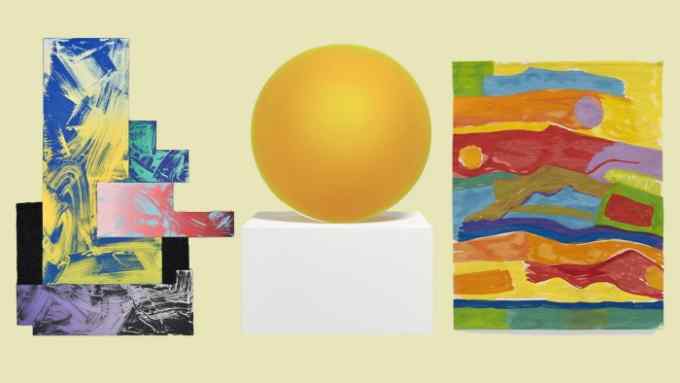 Three works of art: a jigsaw sculpture  with colour piees; a golden ball on a white plinth; a bright abstract painting