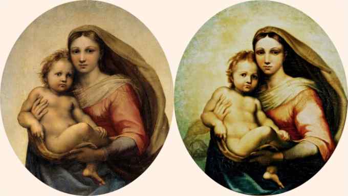 Two round paintings both depict a young woman and her baby. They look identical