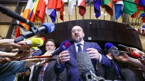 European Council president Charles Michel gives a statement at the end of an informal meeting of the European Council in Brussels, Belgium