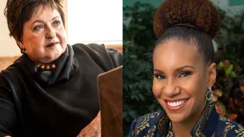 Two portraits put together: a woman in a black silk cowlneck and a smiling woman in a blue jacket with a big updo