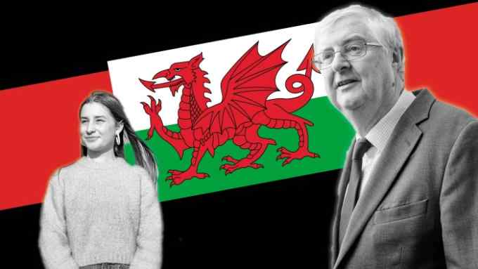 A montage of first minister Mark Drakeford, a first-time voter and the Welsh flag