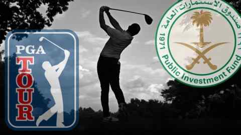 Montage of logos of PGA Tour and Saudi Arabia’s PIF and a golf player