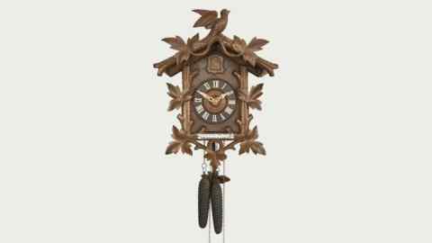 A cuckoo clock featuring a bird on top, leaves and vines crawling around its housing and pine cones as weights