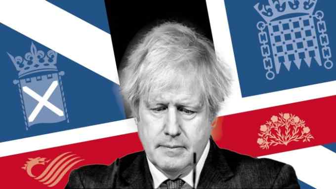 Montage of Boris Johnson and state symbols