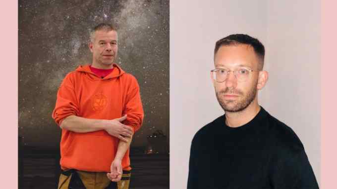 Adjacent photos of two men, on the left half-length in an orange hoodie, on the right bust-style wearing a black sweater
