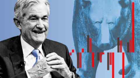 Montage of Federal Reserve chair Jay Powell and a chart showing a rally in markets with a bear in the background