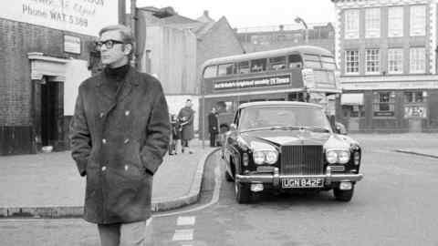 Michael Caine with his 1968 Rolls-Royce Silver Shadow, recently sold for £135,000 at H&H Classics