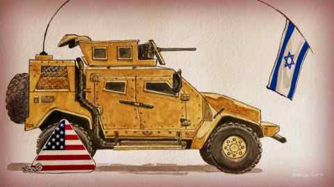 Illustration of an armoured military vehicle, which is flying an Israeli flag, has a wheel clamp in the colours of the US stars and stripes
