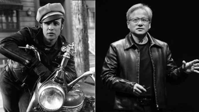 Photos of Marlon Brando and Jensen Huang both wearing leather jackets