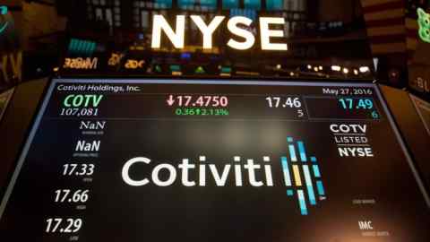 Cotiviti signage is displayed on a monitor on the floor of the New York Stock Exchange