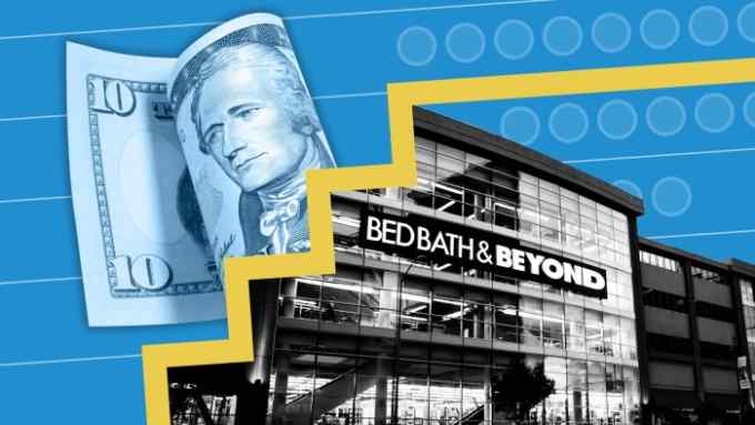 A Bed Bath & Beyond store under an interest rate line chart with a $10 bill above it and circles representing a Fed dot plot
