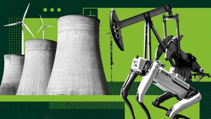 With a green background, the image is a collage of three wind turbines, three cooling towers of a nuclear plant, an oil pumpjack and a quadruped robot