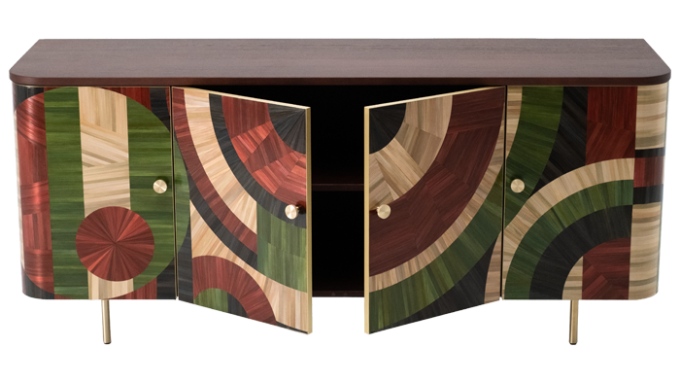 a horizontal cabinet with colourful hand-dyed rye straw inlaid marquetry