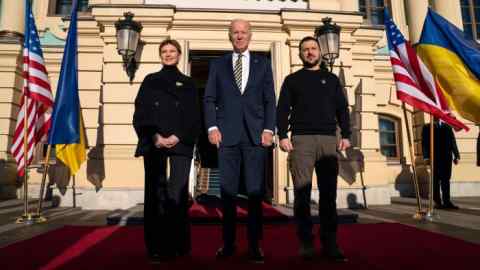 US president Joe Biden, centre, with Ukrainian president Volodymyr Zelenskyy and first lady Olena Zelenska at the Mariinsky Palace on Monday