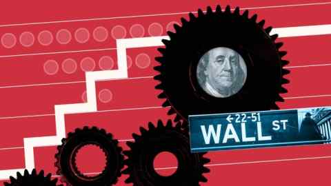 Montage image of a Wall Street sign and a bill with Benjamin Franklin’s face inside a cog