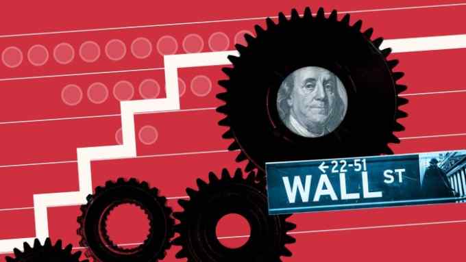 Montage image of a Wall Street sign and a bill with Benjamin Franklin’s face inside a cog