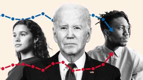 Montage of images. Cutout of biden with a young black man to his right and a young woman to his left with red and blue dot charts over them.