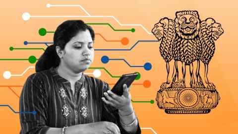 A health worker looks at her phone in front of a circuitboard background, with the symbol of the Indian government to the right