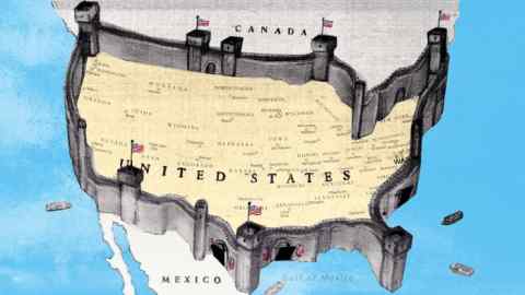 Illustration of a map of North America with a castle wall, with US flags flying on the turrets, built all around the border of the United States